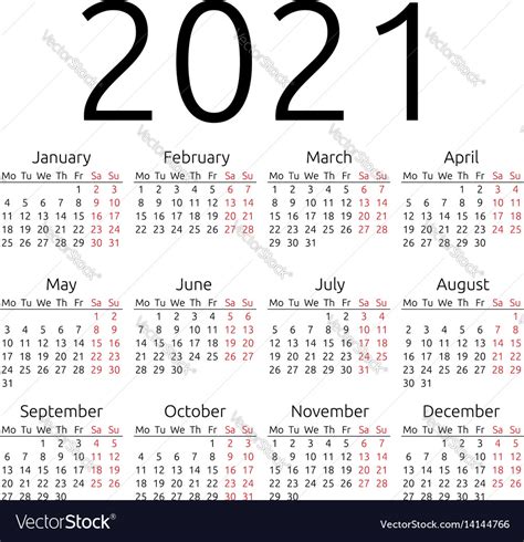 Simple Calendar 2021 Monday Royalty Free Vector Image