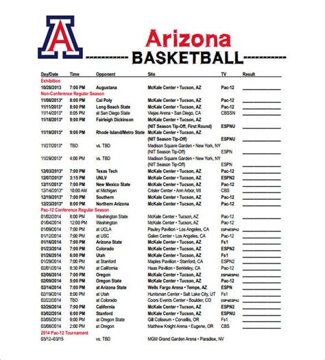 Basketball League Schedule Template