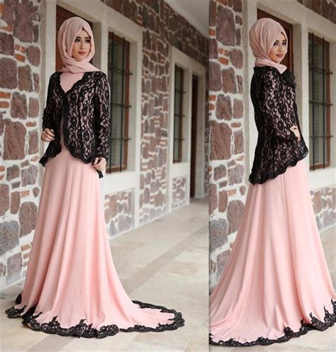 Muslim 2016 Arabic Evening Dress Hijab Long Sleeve Black Lace Formal