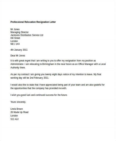 Resignation Letter Due To Company Relocation Sample Resignation Letter