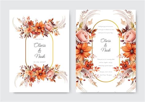 Premium Vector Nude Orange Floral Wedding Invitation Template Set With Watercolor Roses And