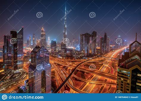 Dubai Skyline During Sunrise United Arab Emirates Stock