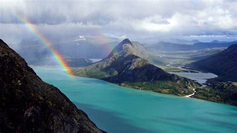 Download Wallpaper 1920x1080 Rainbow Ocean Mountains Land Relief