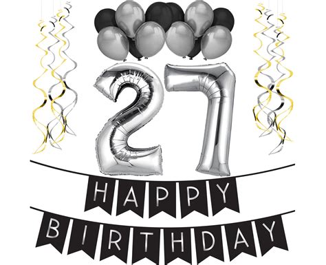 27th Birthday Party Pack Black And Silver Happy Birthday Etsy In 2021