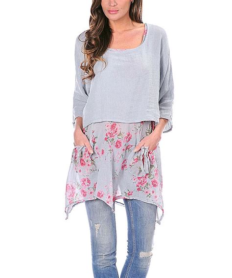 100 Lin Gray Floral Accent Linen Blend Layer Tunic Layered Tunic