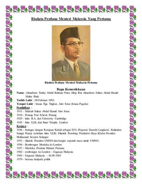 Biodata Perdana Menteri Malaysia Yang Pertama Biodata Perdana Menteri