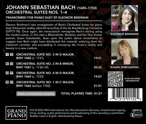 bach orchestral suites nos 1 4 transcribed for piano duet by eleonor bindman eleonor