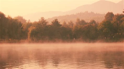 Panoramic View From Misty Lake In Early Stock Footage Sbv 339014062
