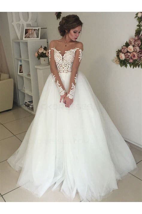 Long Sleeves Lace Illusion Neckline Wedding Dresses Bridal
