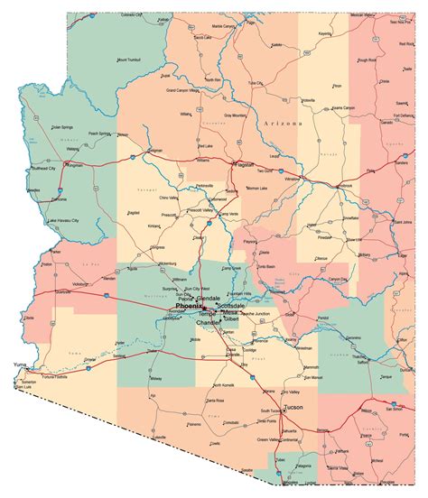 Laminated Map Large Administrative Map Of Arizona State With Roads