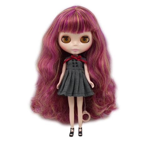 Factory Blyth Doll Nude Doll Long Wavy Mixed Color Purple Golden Hair With Bangs Pink Mouth