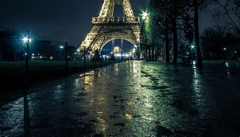 France Paris Street Eiffel Tower Night Street Lights Trees