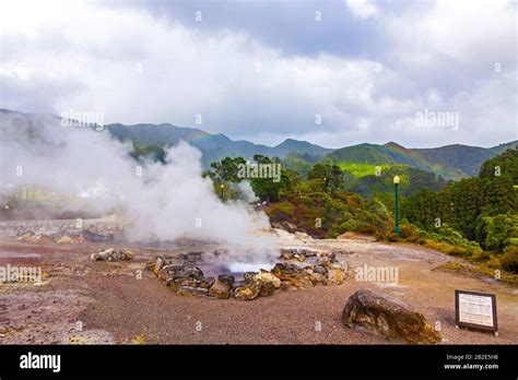 hot thermal springs in furnas village sao miguel island azores portugal caldeira grande