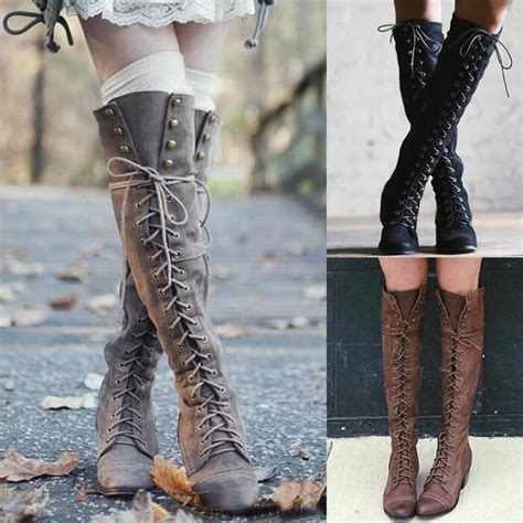 Woman Knee High Motorcycle Boots Cross Tied Lace Up Low Square Heels