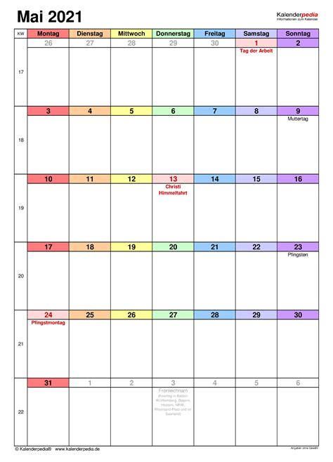 Kalender Mai 2021 Als Excel Vorlagen