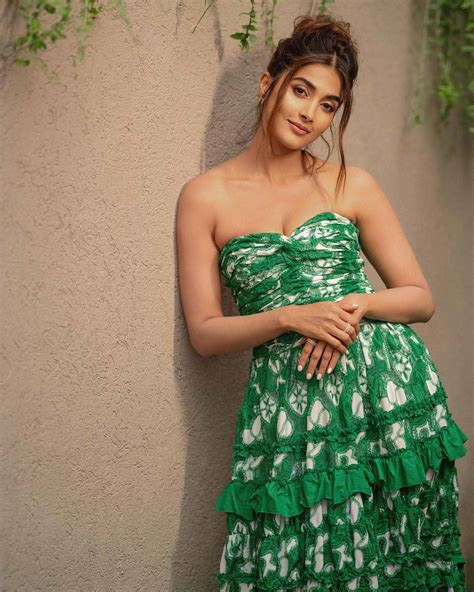 Pooja Hegde Is Ultimate Beauty Queen In Green And White Printed Strapless Outfit We Are In Love
