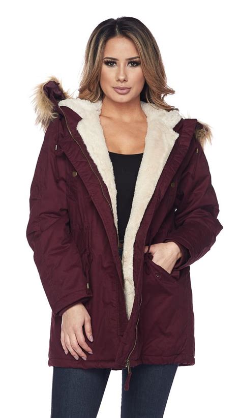 Quilted Lining Sherpa Trim Hooded Parka Coat Burgundy