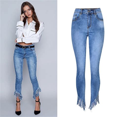2018 New Ultra Stretchy Blue Tassel Ripped Higt Waist Jeans Woman Denim