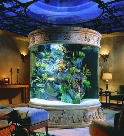Blue Ceiling And Aquarium In Center Of Living Room Fish Tank
