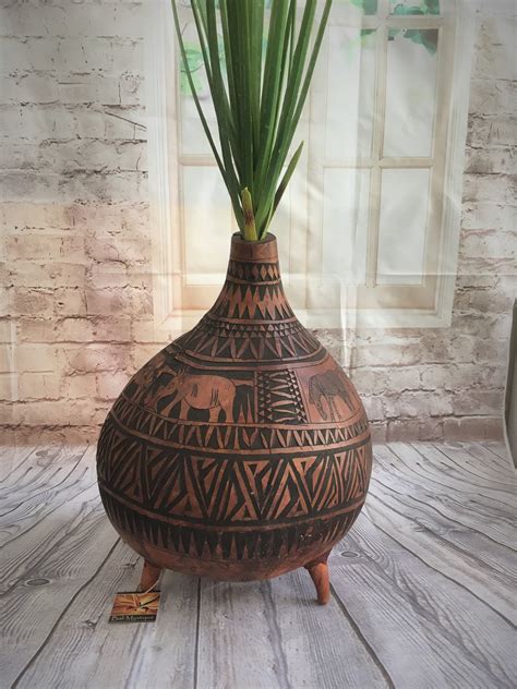 Hand Carved African Gourd Vase Bali Mystique