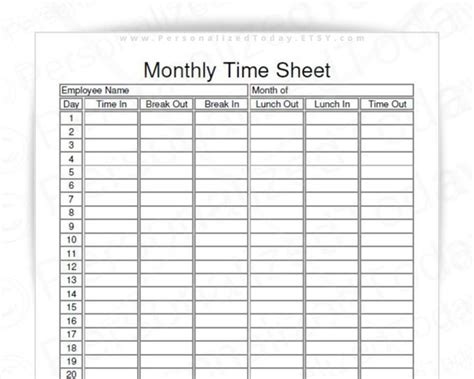 Monthly Employee Timesheet Fillable And Printable Pdf Digital Etsy India