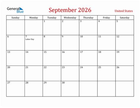 September 2026 Monthly Calendar With United States Holidays