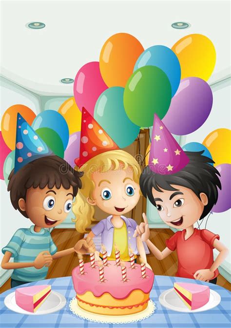 Three Kids Celebrating A Birthday Stock Vector Illustration Of
