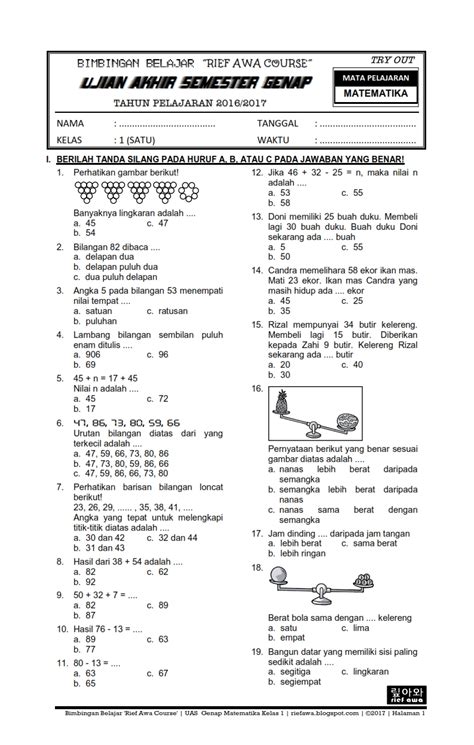 Soal Matematika Kelas 1 Sd Semester 2 Dan Kunci Jawaban Wood Scribd Indo