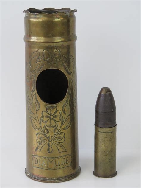 A Wwi Trench Art Shell Case Having Floral Embossed Design And Bearing