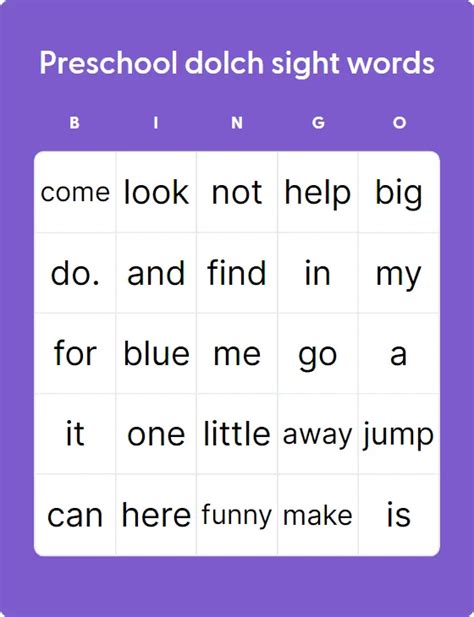 Preschool Dolch Sight Words Bingo Card Template Bingo Card Creator