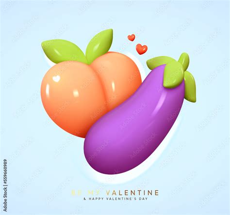 peach and eggplant emoji 3d cartoon plastic style funny valentine s day poster vector