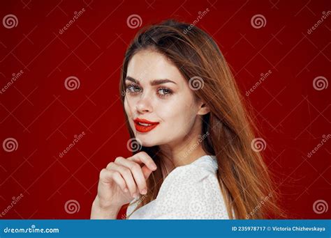 fashionable woman with red lips in red white dress isolated background stock image image of
