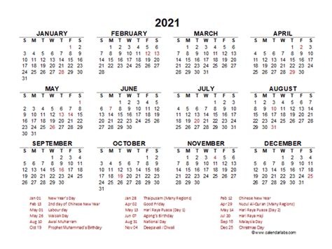 Printable Malaysia 2021 Calendar With Holidays Pdf Calendar Dream