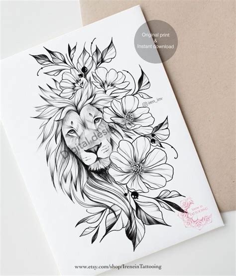 Lion And Flowers Tattoo Design Instant Download Original Etsy Lion