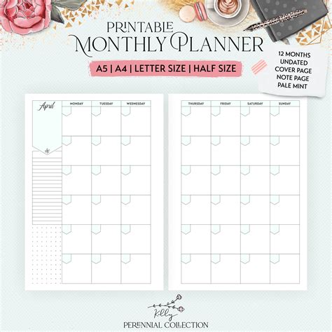 Monthly Undated Printable Planner Insert In Mint A5 A4 Letter Size