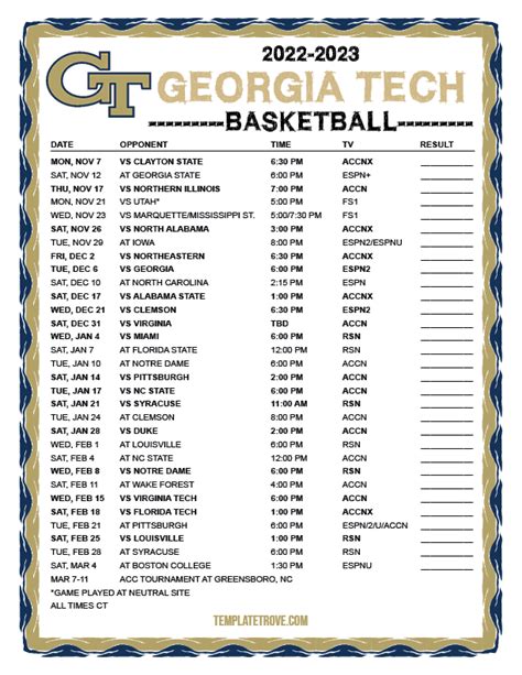 Printable 2022 2023 Georgia Tech Yellow Jackets Basketball Schedule