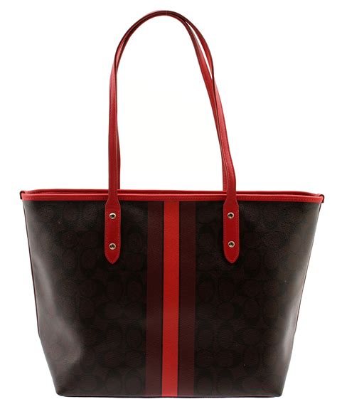 Coach Signature Varsity Stripe City Zip Tote In Browntrue Red F38405