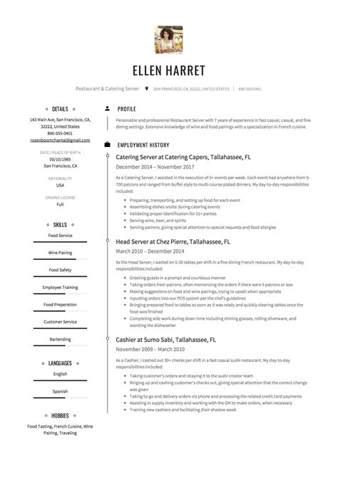 Free Resume Templates For Restaurant Servers Printable Templates