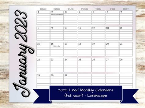 2023 Lined Monthly Calendars Landscape 85x11 Jan Dec Printable