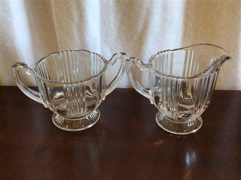Vintage Clear Glass Footed Creamer And Sugar Set With Vertical Etsy