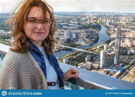 Woman On The Observation Deck Look In Moscow City Panorama Girl At High Altitude On The