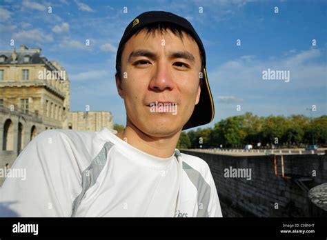 Paris France Portrait Young Chinese Man With Hat Visiting Chateau