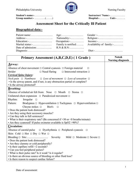 Assessment Sheet For The Critically Ill Patient Biographical Data