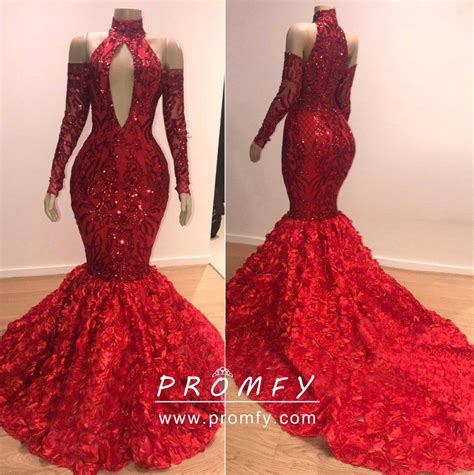 Bedazzled Red Sequin And Rosette Mermaid Prom Dress Promfy