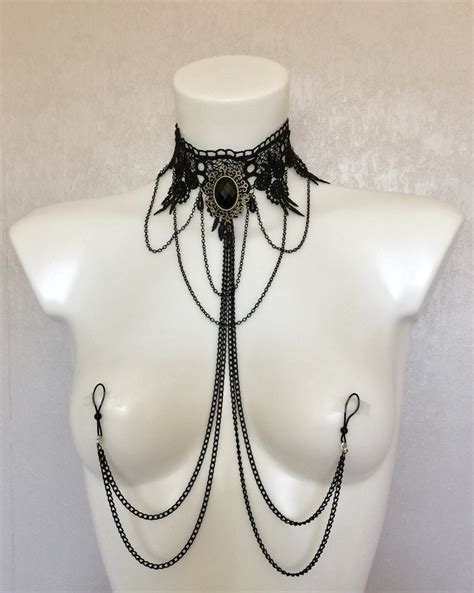 Pamela Lace Choker Necklace With Nipple Chains Non Piercing Etsy De