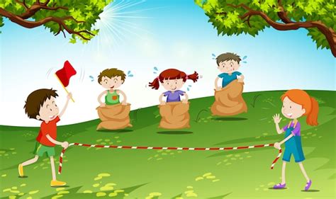 Premium Vector Children Play Jumping Sack In The Park Illustration