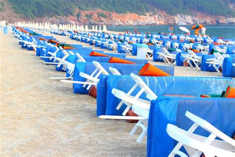 Rows Of Sun Loungers On The Beach Stock Image Image Of Side