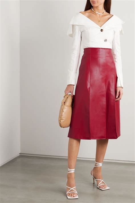 Red Pleated Faux Leather Midi Skirt Awake Mode In 2020 Faux