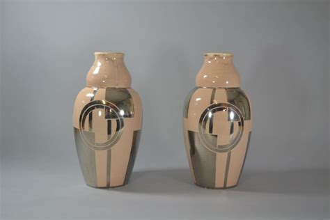 1930fr Odyv Art Deco Ceramic Vase Pair Cubist Art Deco Sculptures