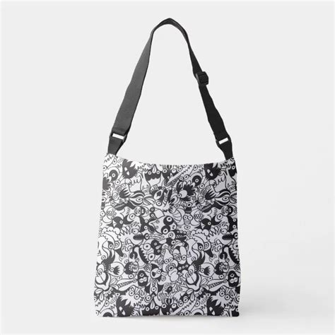 Black And White Scary Monsters In Doodle Art Style Crossbody Bag Zazzle
